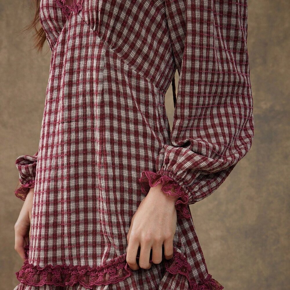 Burgundy Casual Women's Embroidered Plaid Floral Lace V Neck Flare Sleeve Dress - Picture 5 of 6